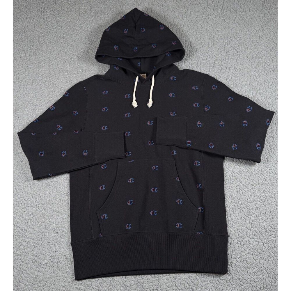 Champion Reverse Weave Hoodie Mens Medium Black Warmup  Logo‎ All Over Print